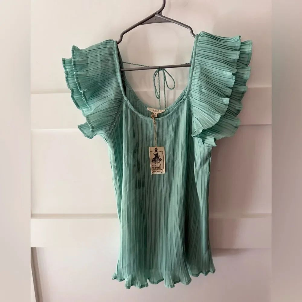 New Easel Pleated Turquoise Green with tie back and ruffle sleeve Top